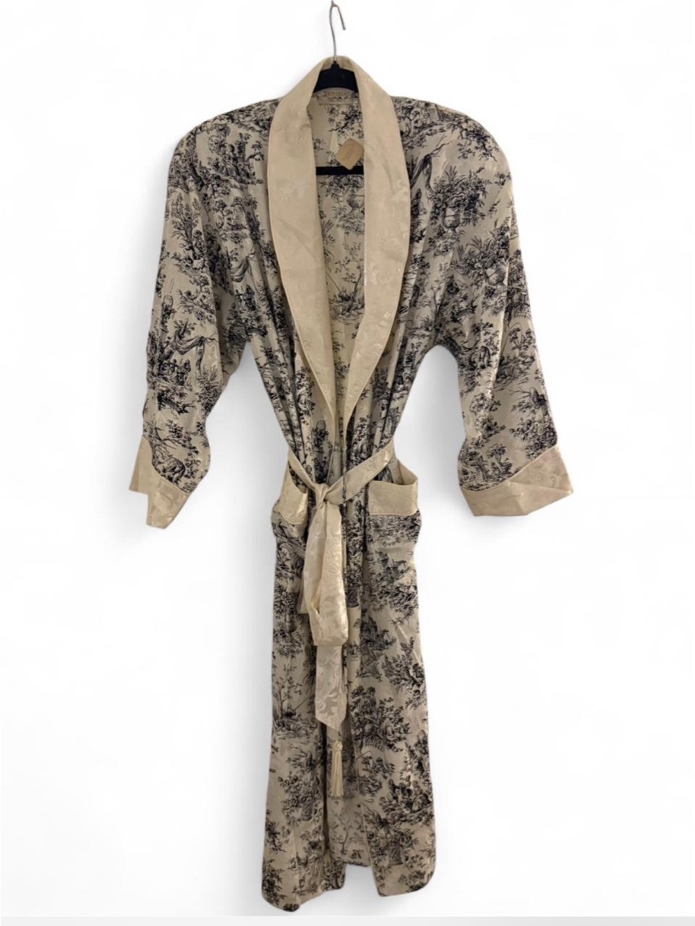 Vintage Victoria's Secret Black and Cream Toile Satin Robe